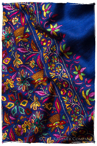 Pure Pashmina Shawl from Kashmir with Sozni Hand-Embroidered Paisleys and  Flowers in Multicolor Thread